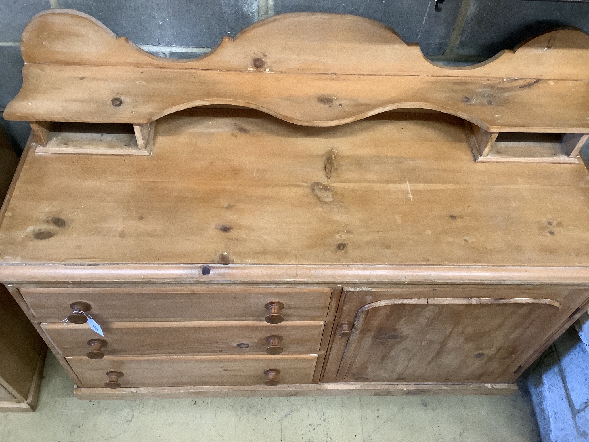 A Victorian pale pine low dresser, width 136cm, depth 51cm, height 104cm